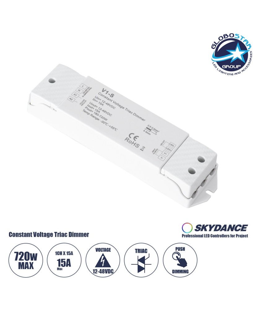 GloboStar® 73127 V1-S SKYDANCE AC Triac Dimmer Push Dimming 1 Κανάλι DC 12-48V 1 x 15A 720W - Max 15A 720W - IP20  Μ17.5 x Π4.5 x Υ2.5cm - 5 Χρόνια Εγγύηση